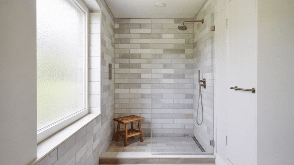 single glass panel walk in shower small bathroom ideas