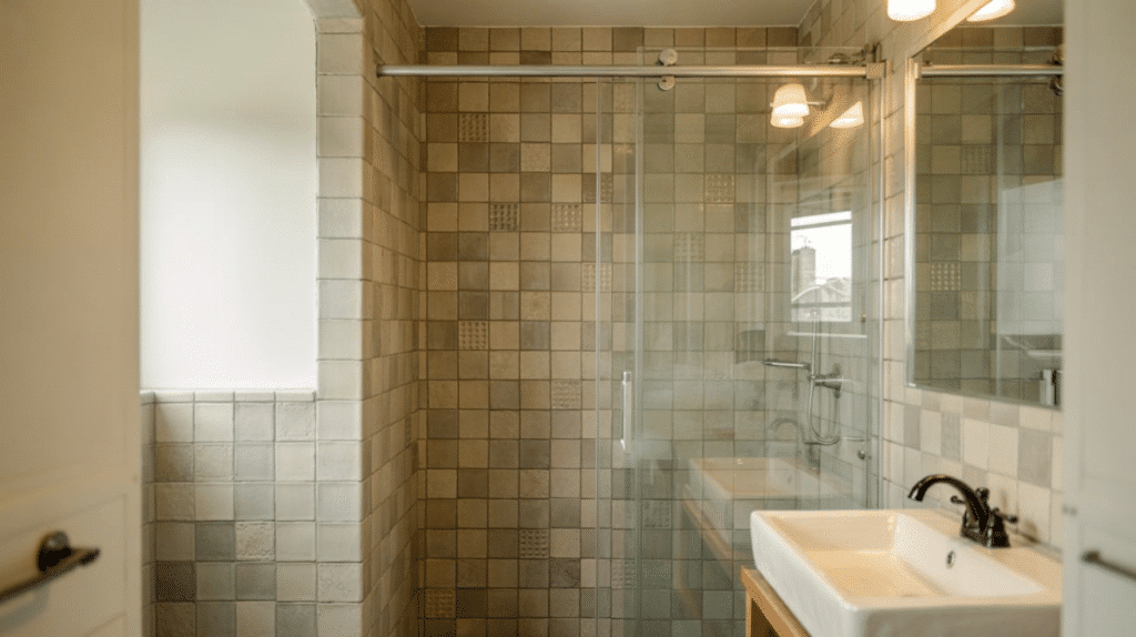 sliding glass door walk in shower small bathroom ideas