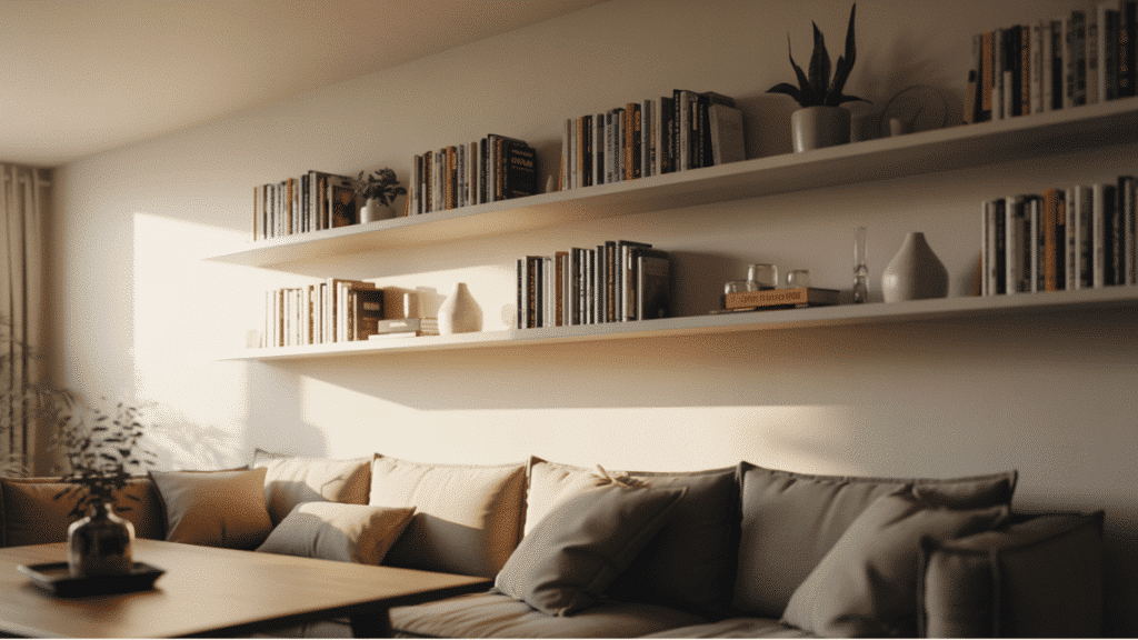 small living room high shelves