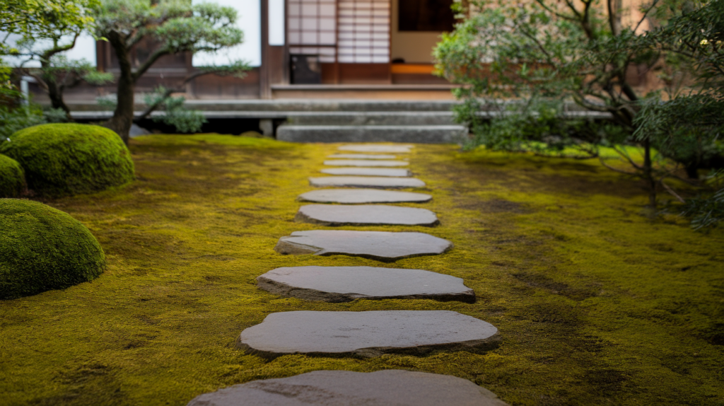 stone pathways leading to the entry japanese style house