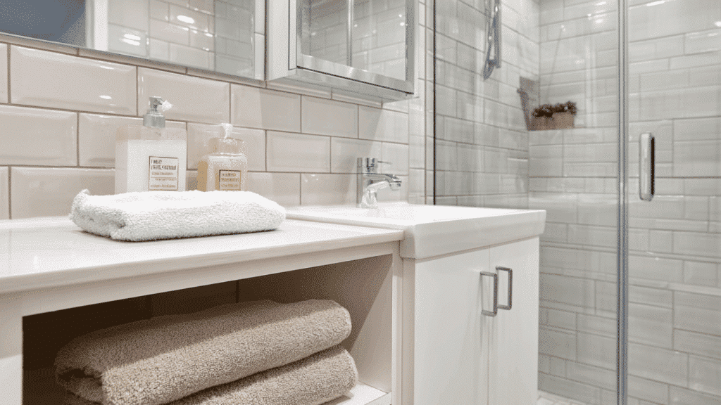 under sink open cubbies for towel storage