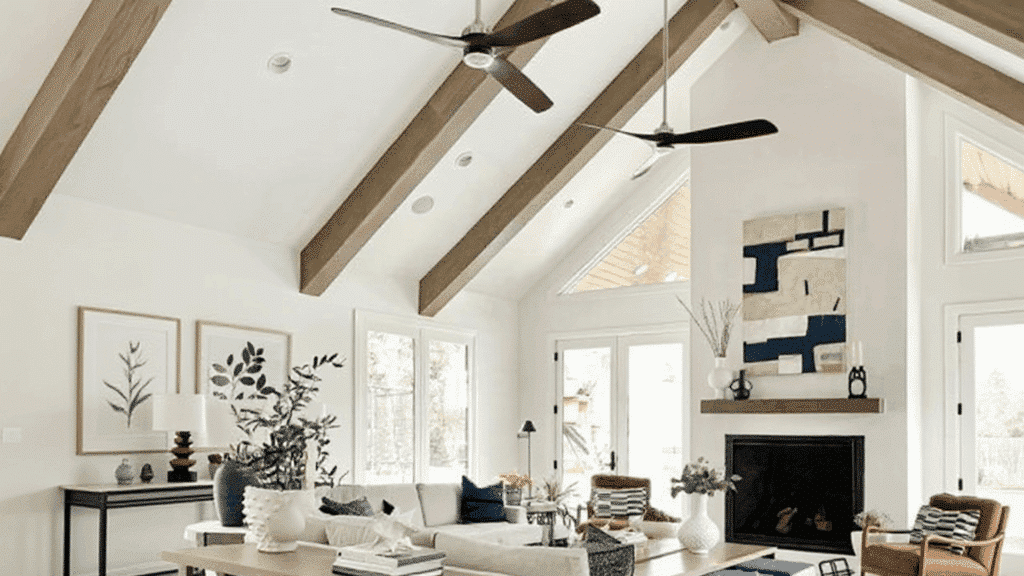 vaulted ceiling with ceiling fans