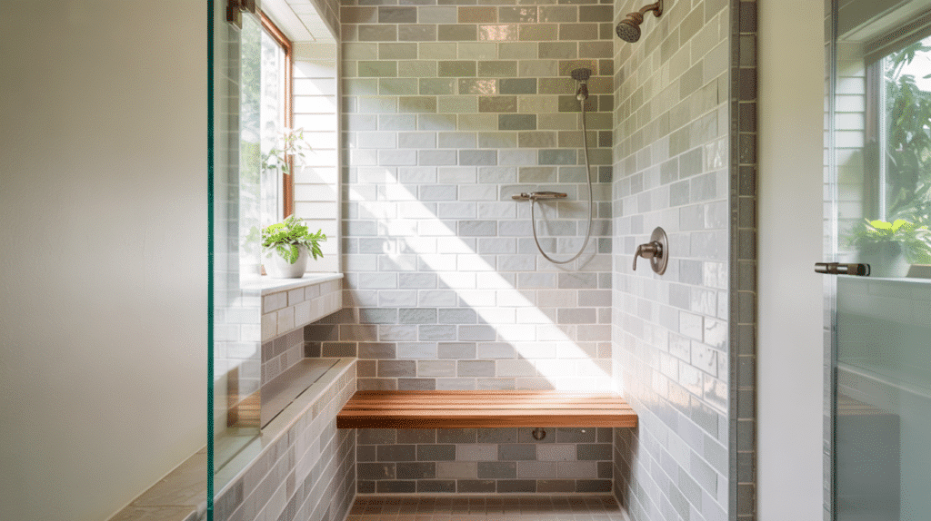 walk in shower built in bench small bathroom ideas