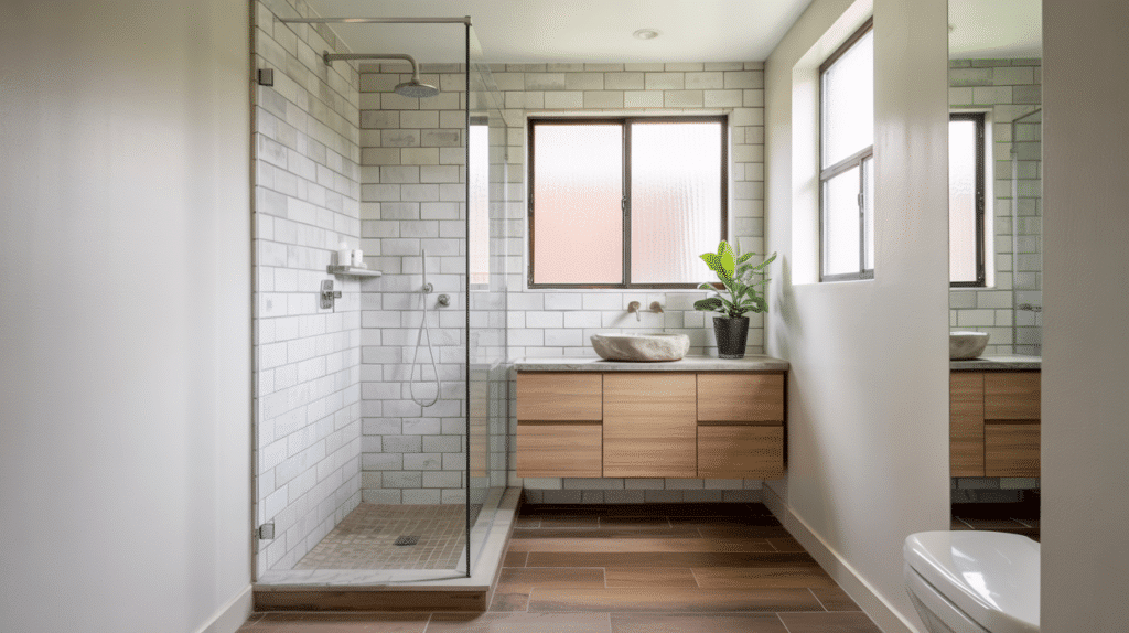 wood look floor walk in shower small bathroom ideas