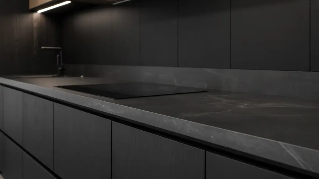 black cabinets with seamless black countertops