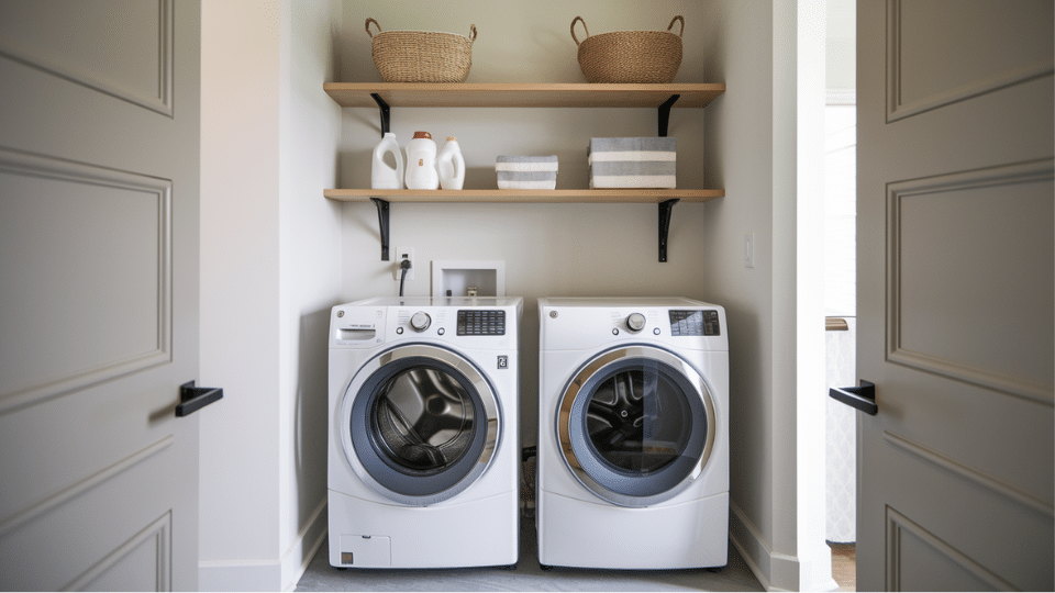 floating shelves above washer dryer small laundry room