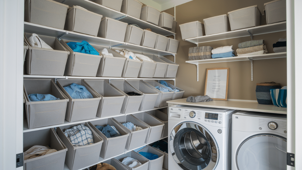 laundry room cubbies with storage bins