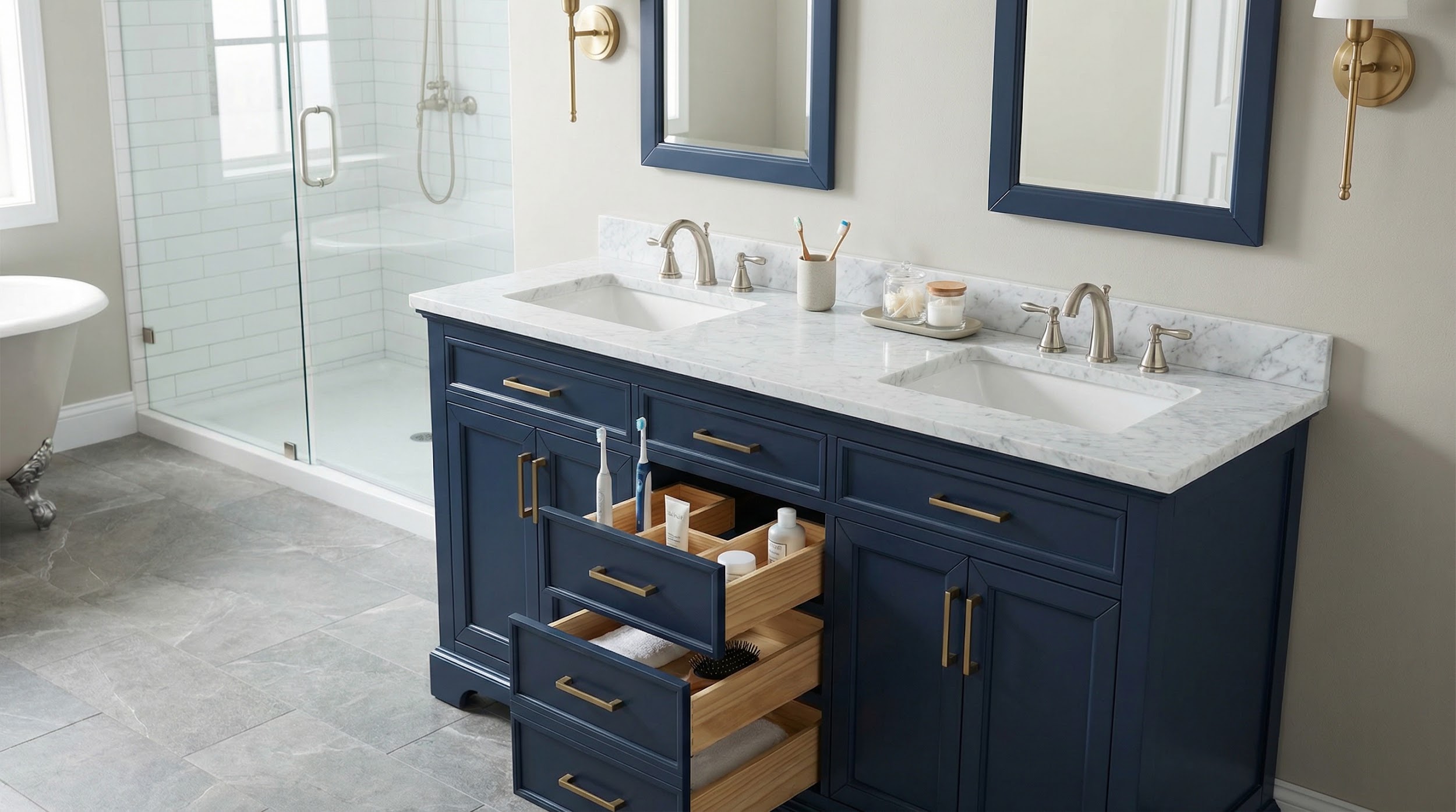 Lets readers see a generous double-sink navy vanity with ample storage, supporting the ‘showstopper’ positioning for busy households.