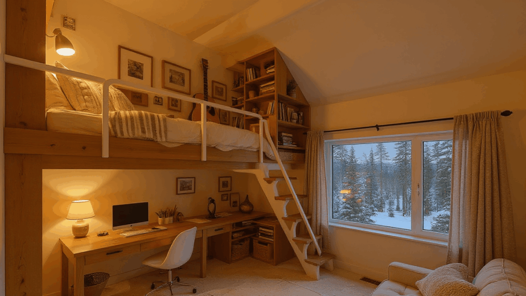 lofted sleeping area to free up floor space