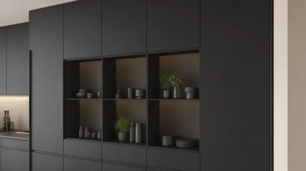open shelving in black kitchens