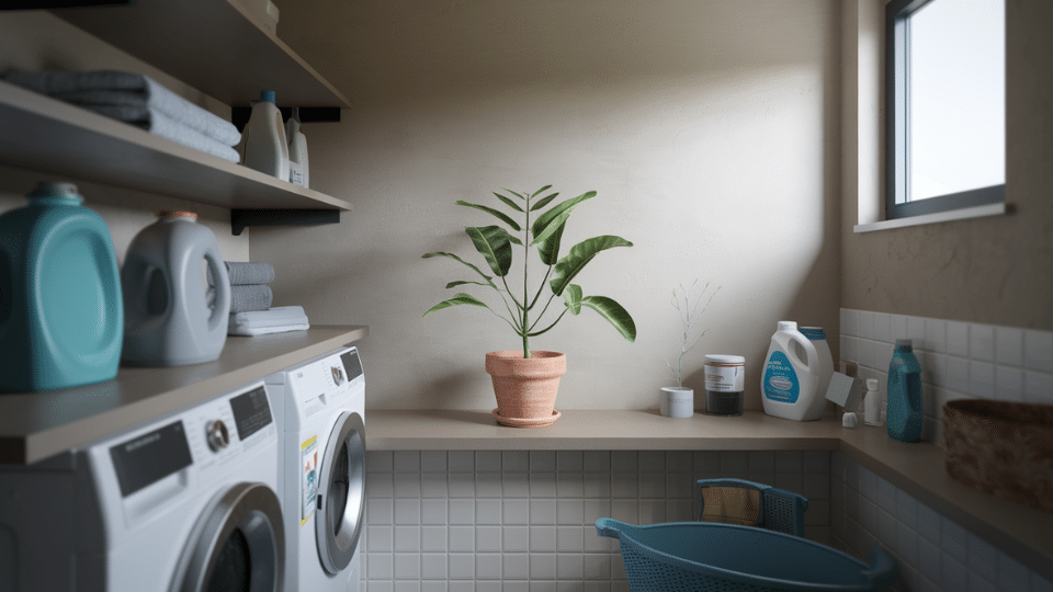 plant in small laundry room decor