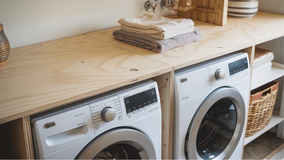 plywood countertop over front load washer dryer
