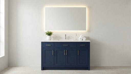 Serves as the hero image to immediately show a stylish navy vanity in a modern bathroom and visually set the tone for the entire article.