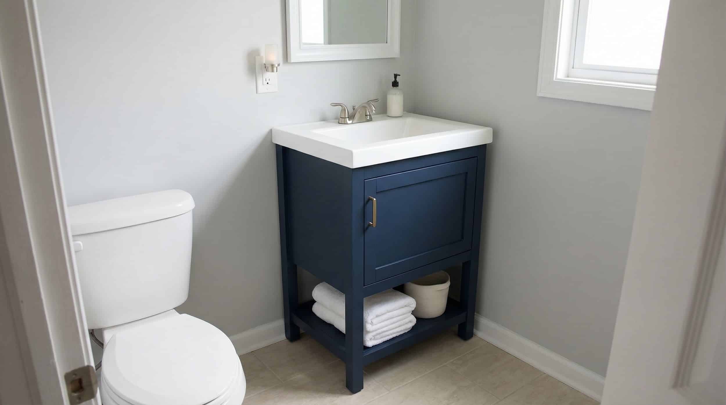 Shows what a stylish but affordable navy vanity looks like in a real-world bathroom, reinforcing the value-focused nature of this pick.
