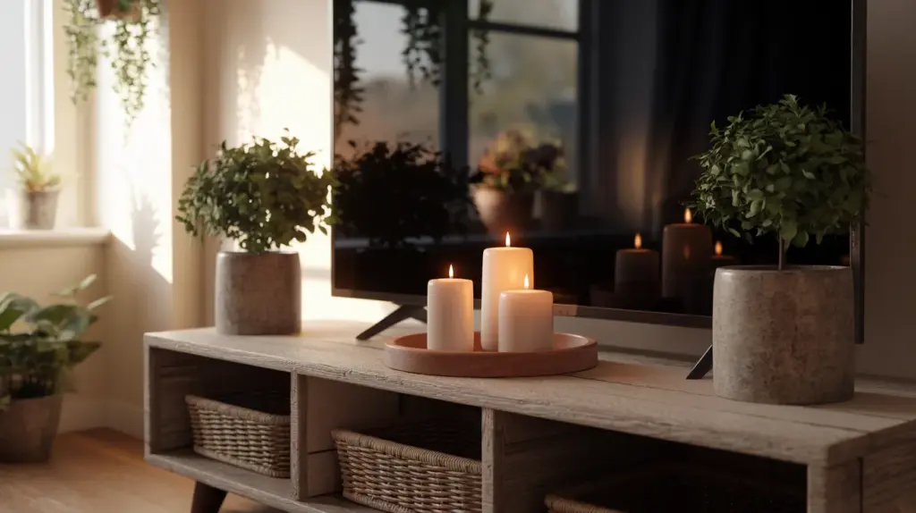 simple décor using ceramics candles and greenery