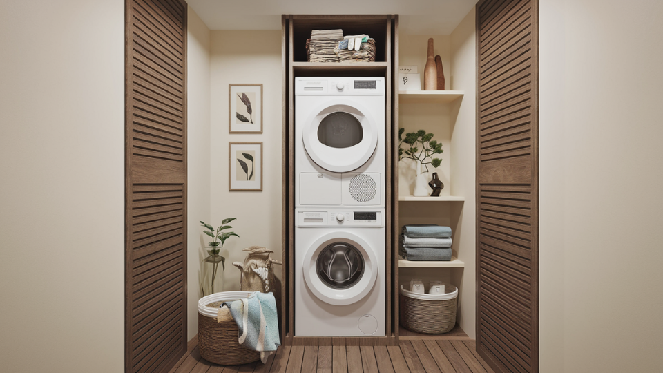 stacked washer dryer small laundry room