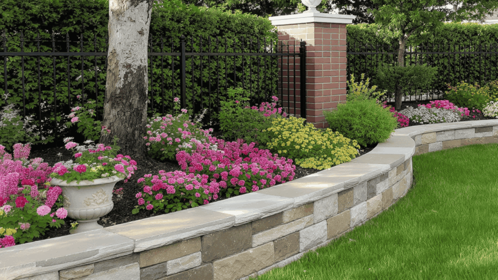 stone edged raised flower beds