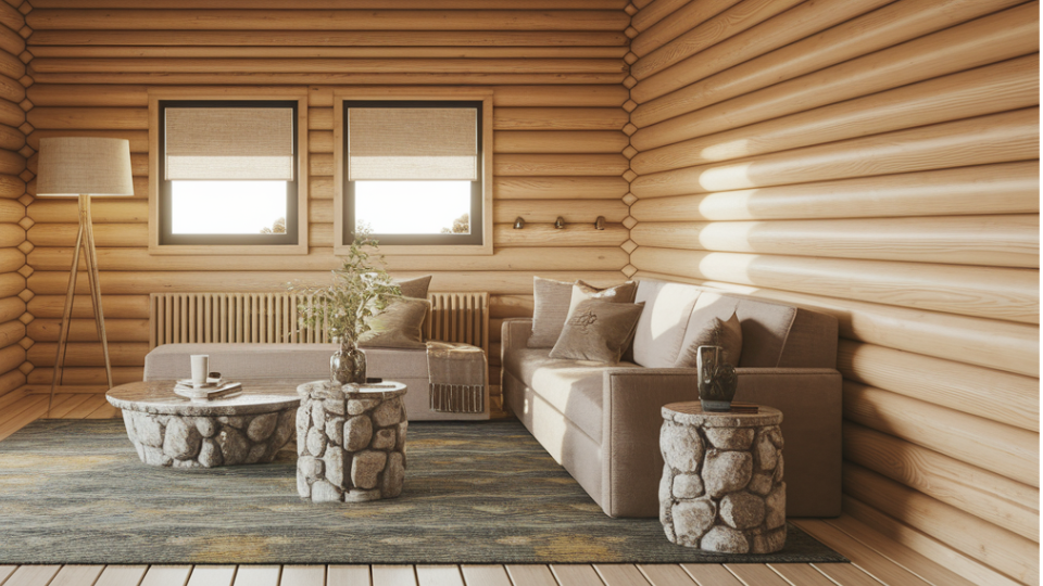 stone worked modern log cabin