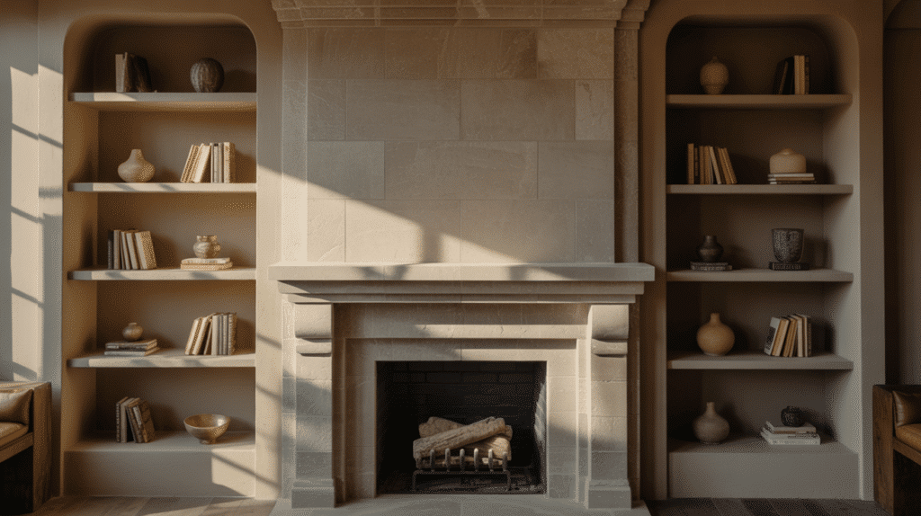 symmetrical built ins fireplace