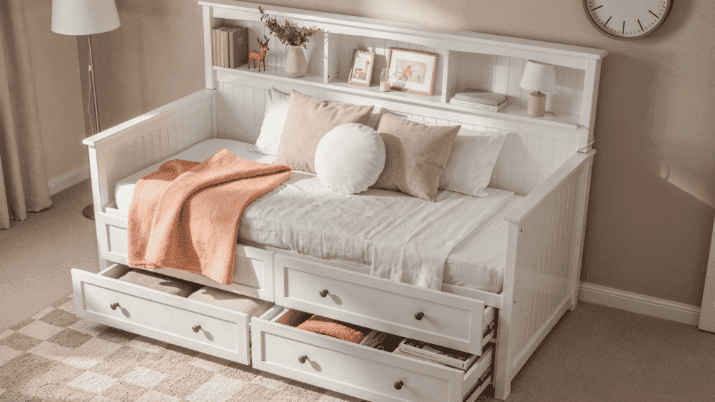 white bedroom With built In storage