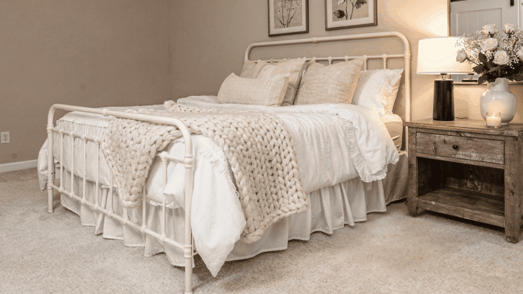 white bedroom With layered textiles