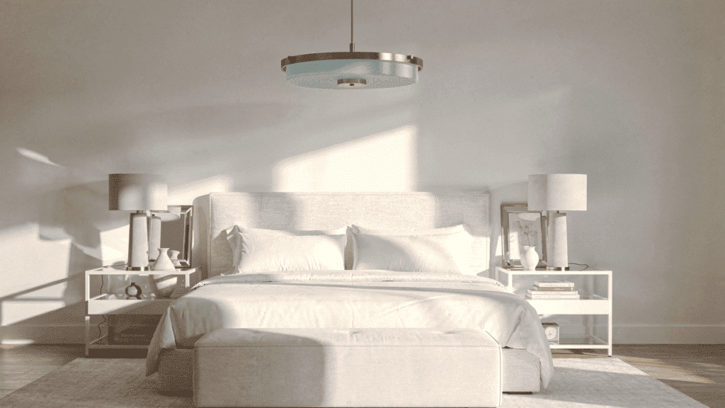 white bedroom With statement lighting