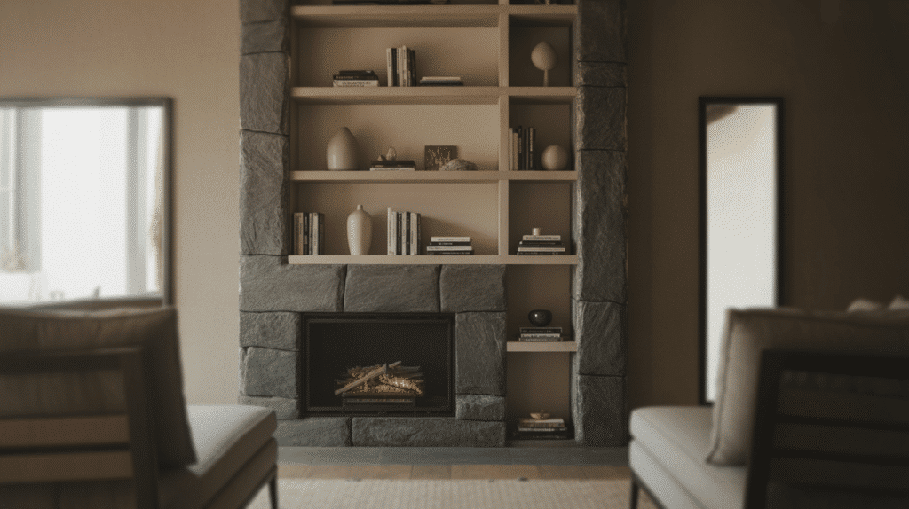 wide shelving fireplace