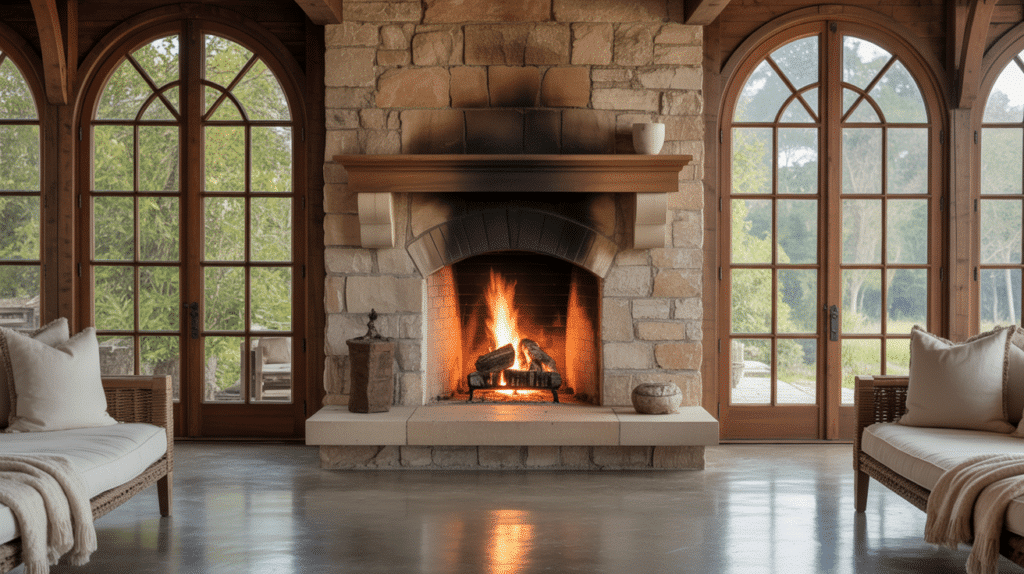 windows surround fireplace