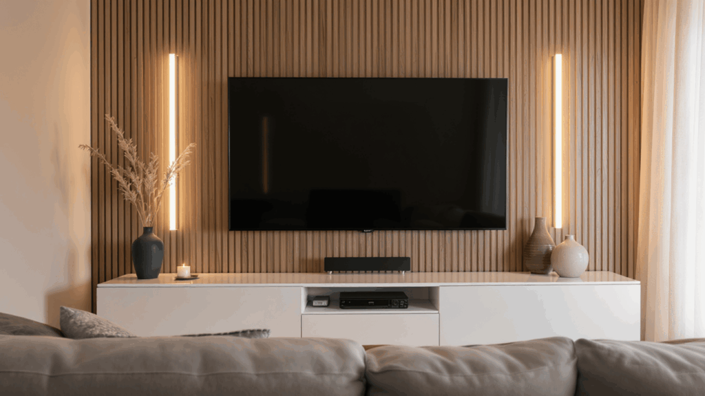 wood slat feature wall home theater ideas