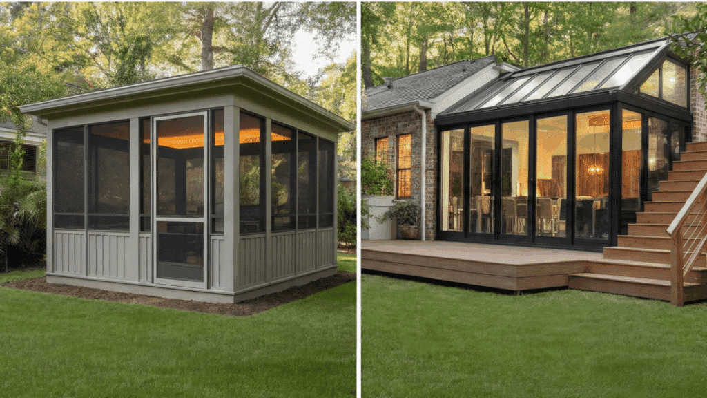 a comparison of a screened-in porch (left) and a 3-season room (right), showcasing their different designs and structures