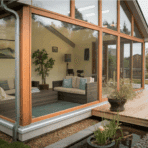 a modern 3-season room with wooden framing, large glass windows, and a cozy seating area, overlooking a wooden deck and garden