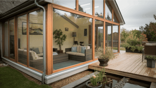 a modern 3-season room with wooden framing, large glass windows, and a cozy seating area, overlooking a wooden deck and garden