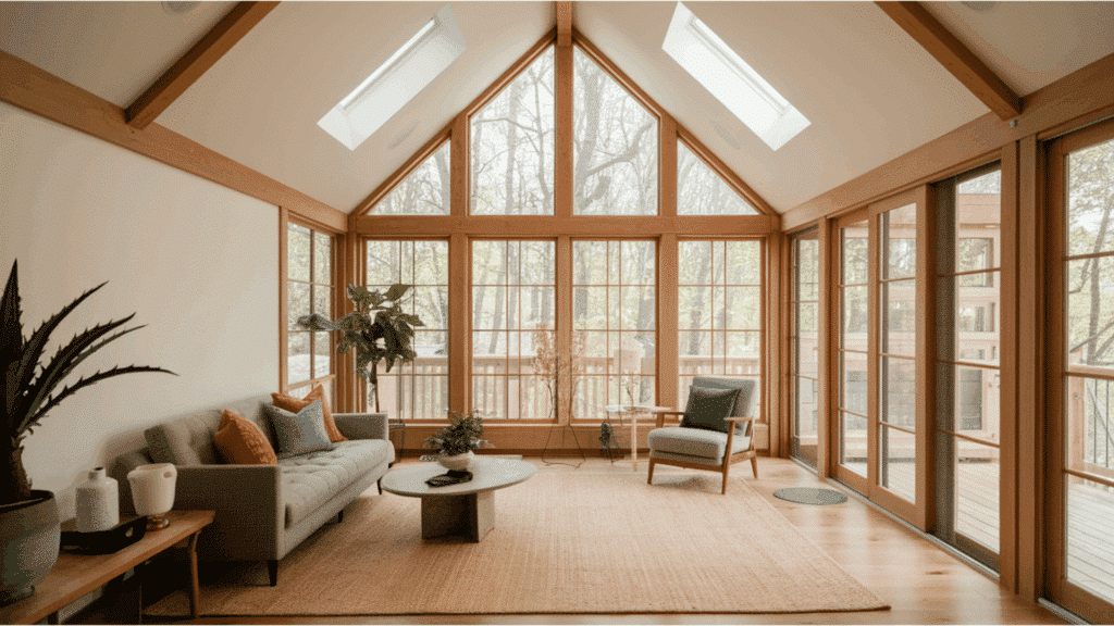 gable-roofed seasonal room with large windows and a bright, airy design opening to outdoor views.