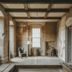 interior of an old american home with exposed brick walls peeling plaster and original wood beam ceiling
