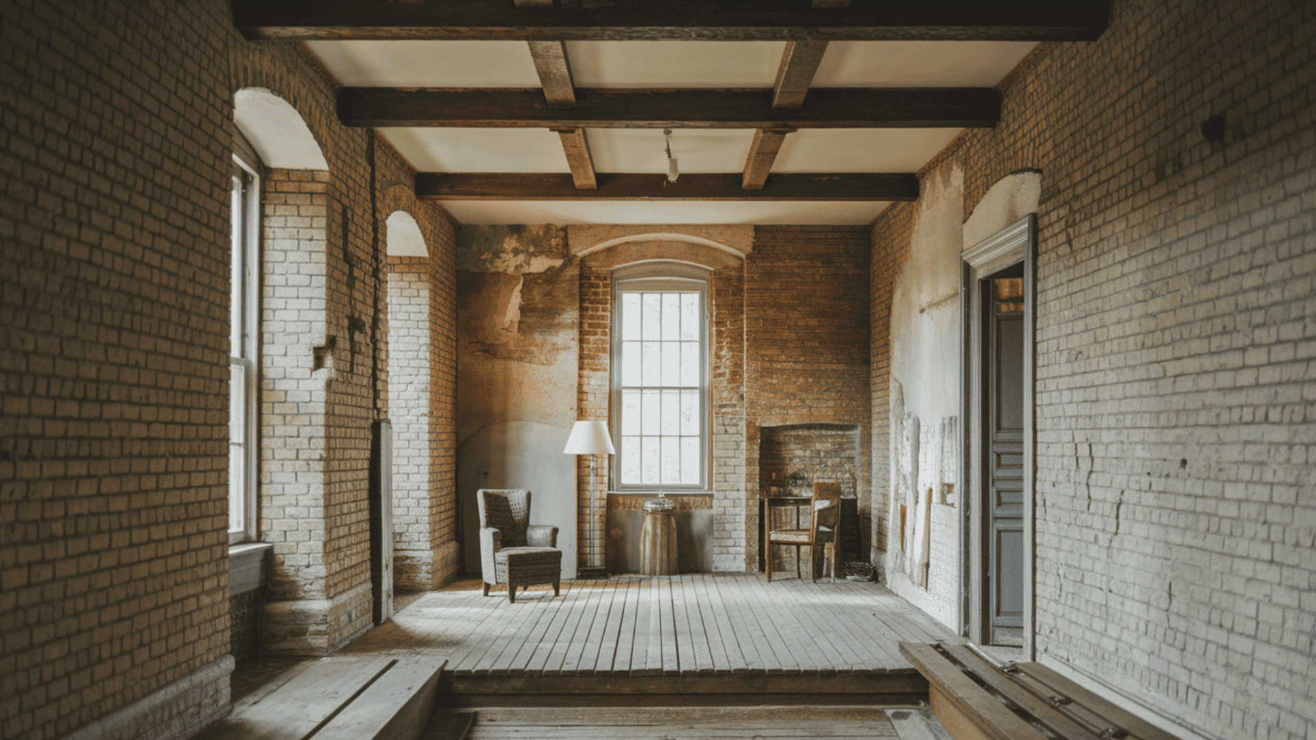 interior of an old american home with exposed brick walls peeling plaster and original wood beam ceiling