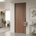 modern interior with a wooden slab door, cozy sofa, plants, and decorative artwork on a console table