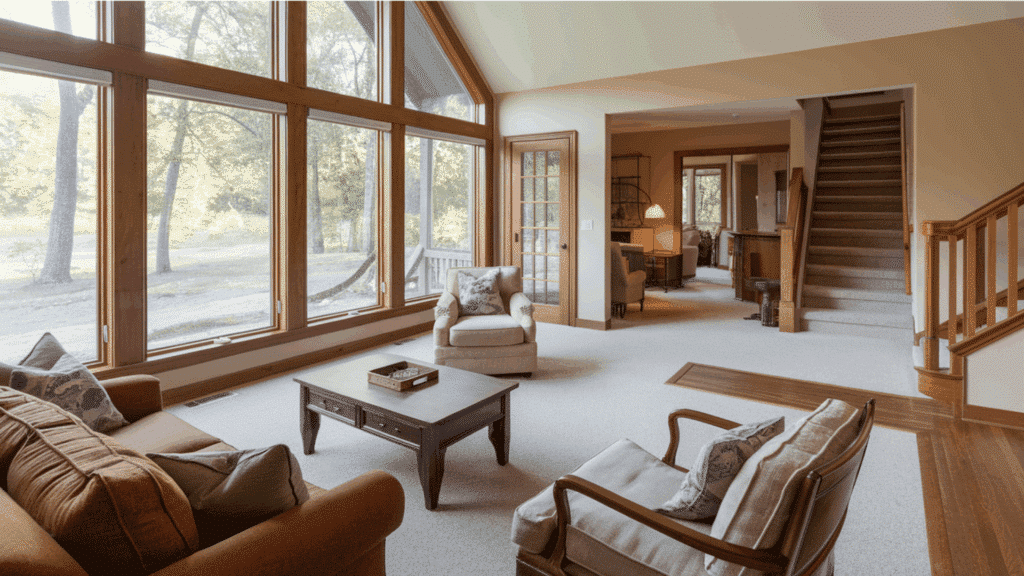 spacious living room with flooring, creating an inviting connection to the outdoor scenery
