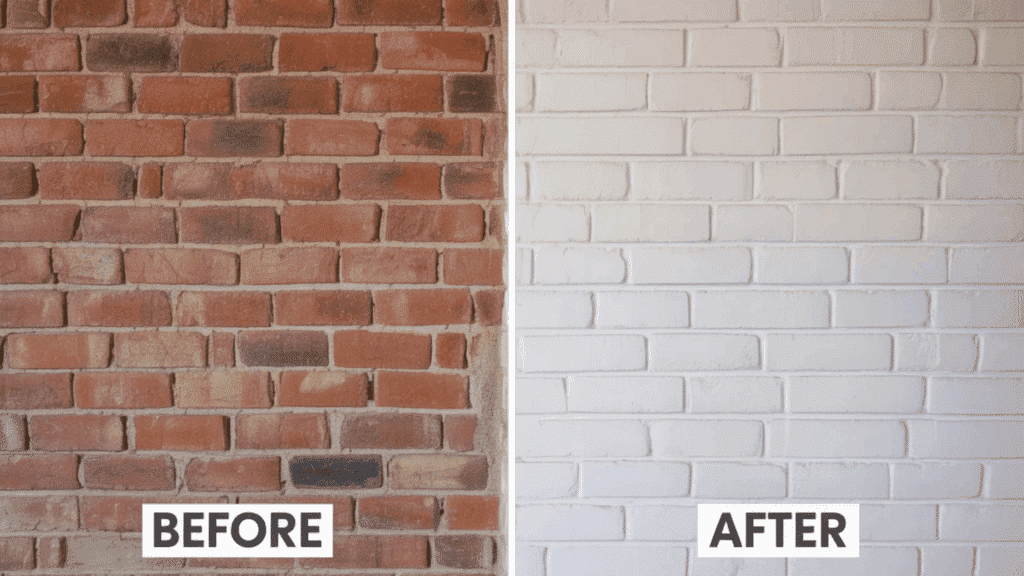 vertical half collage of same brick wall before and after lime wash, precise alignment, labels 'before' and 'after'