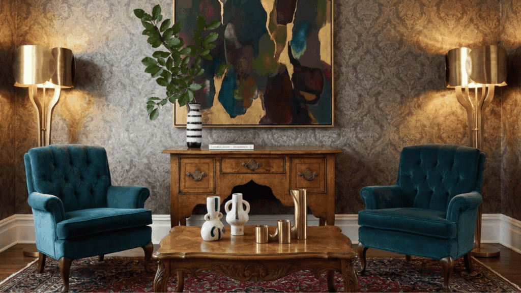 _2 modern victorian space with arm chairs and a table