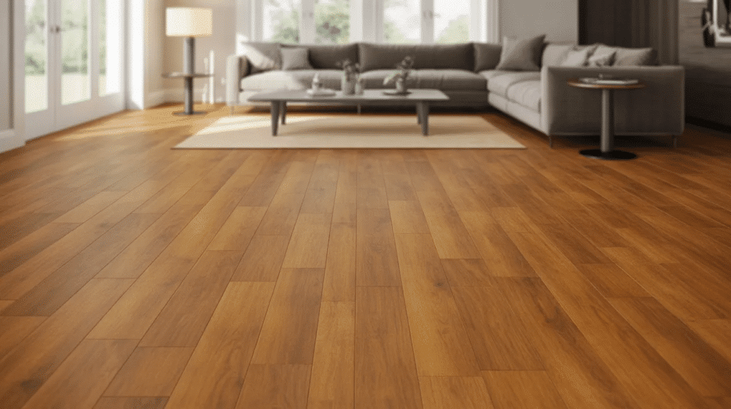a cozy living room with light wood vinyl plank flooring, modern furniture, and large windows letting in natural light
