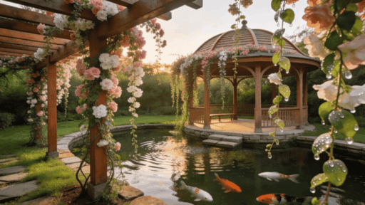 a pergola and a gazebo surrounded by lush green hedges and terracotta pavers