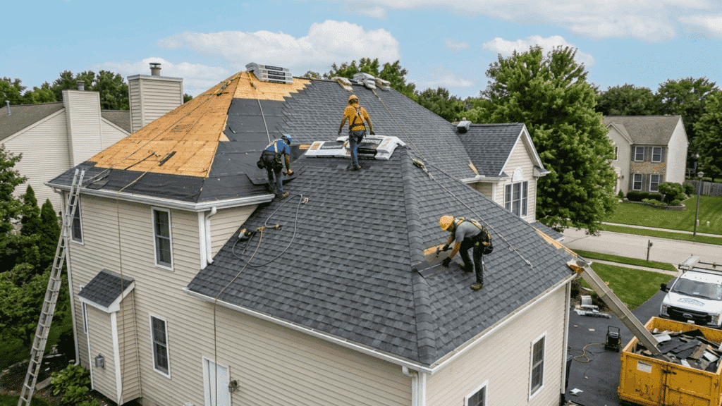 a team of professionals replacing an entire roof, using scaffolding and large equipment.