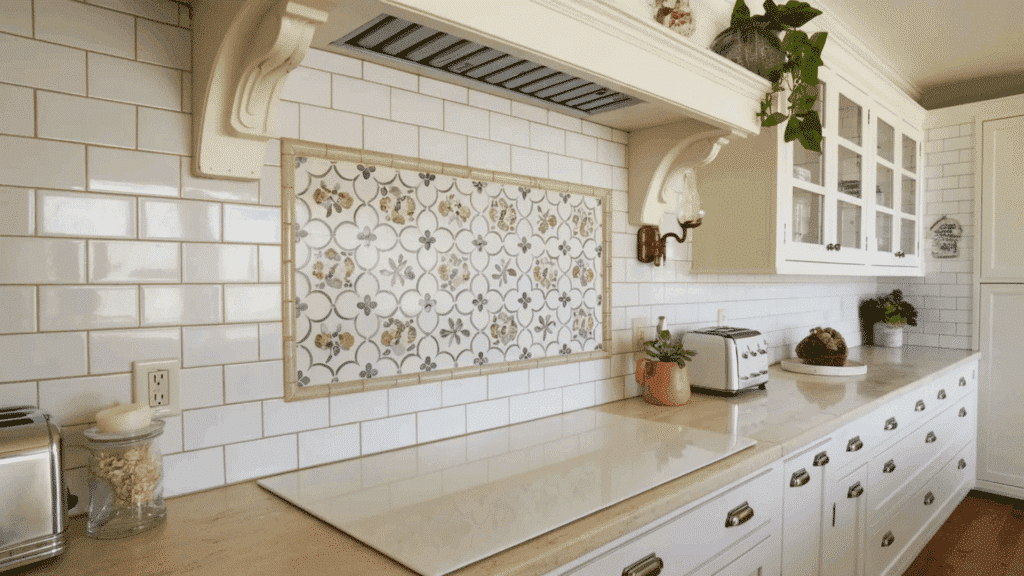 beautiful kitchen with white subway tiles and floral accent backsplash