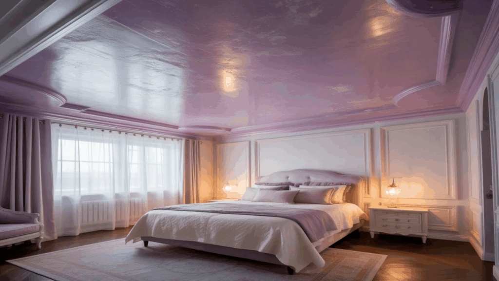 bedroom with a lilac ceiling, soft curtains, and vintage style furniture