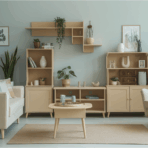 beige living room with matching shelves, coordinated furniture, indoor plants, and soft blue walls creating harmony.