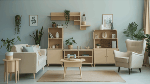beige living room with matching shelves, coordinated furniture, indoor plants, and soft blue walls creating harmony.