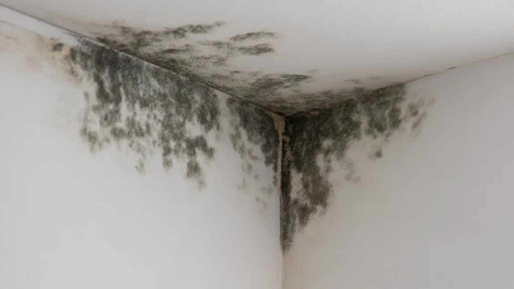 black mold spreading across the upper corner of a white ceiling and wall, concentrated along the seam where moisture has accumulated