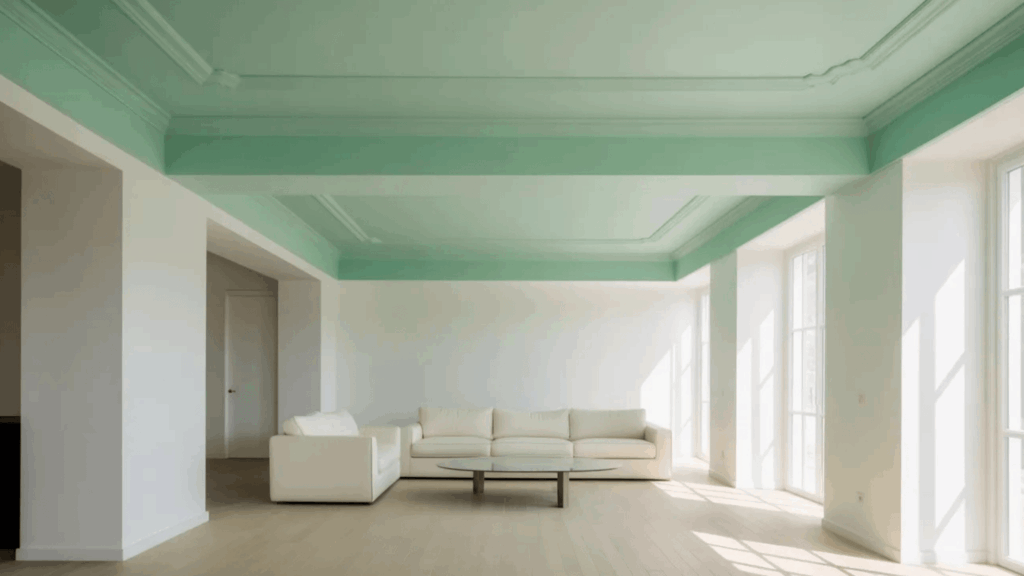 bright and modern living room with mint green ceiling and white sofa