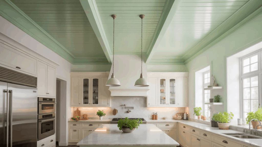 bright kitchen with a soft green ceiling, hanging pendant lights, white cabinetry, and plenty of plants on the countertop and windowsills