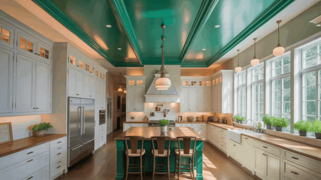 bright kitchen with green coffered ceiling, white cabinetry, large windows, and a central island with bar stools